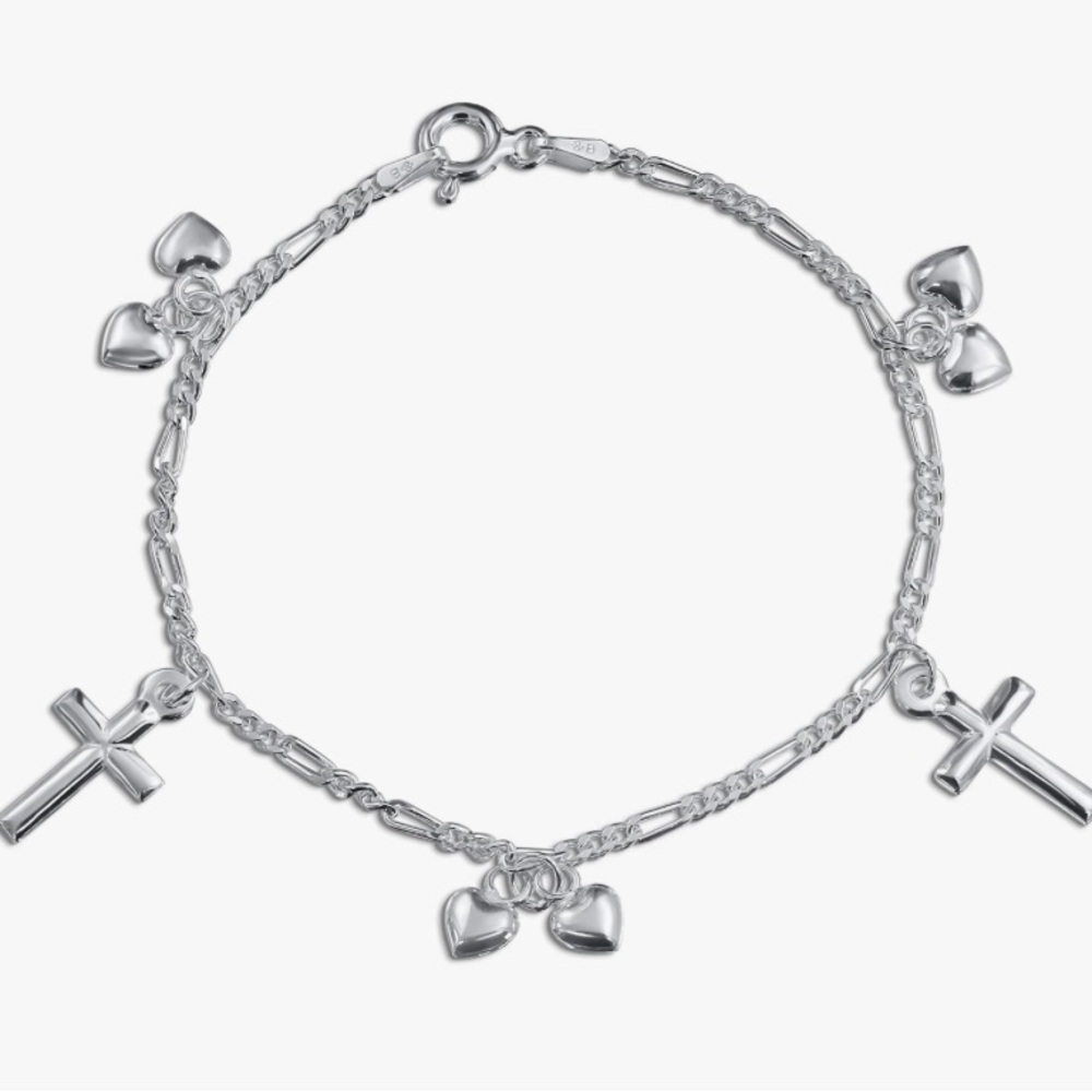 Sterling silver cross heart charm bracelet